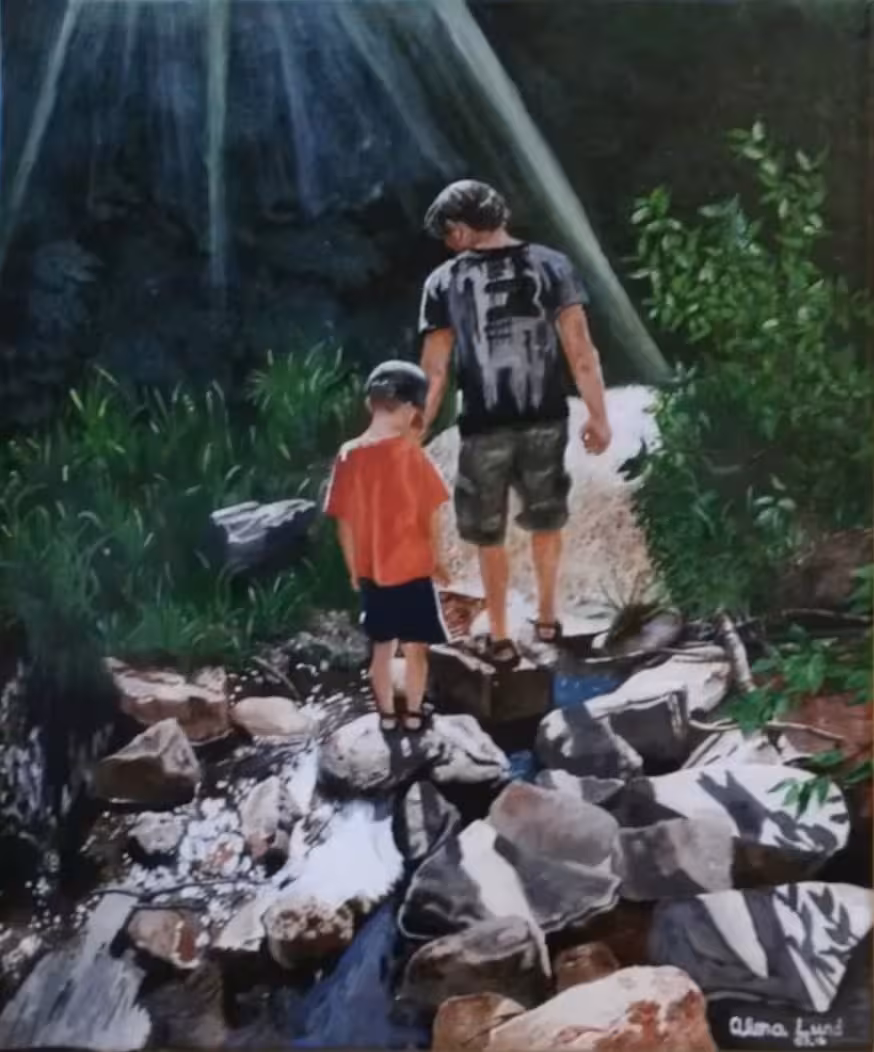 painting of a man and child hiking through a wooded area